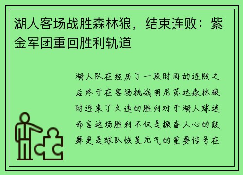 湖人客场战胜森林狼，结束连败：紫金军团重回胜利轨道