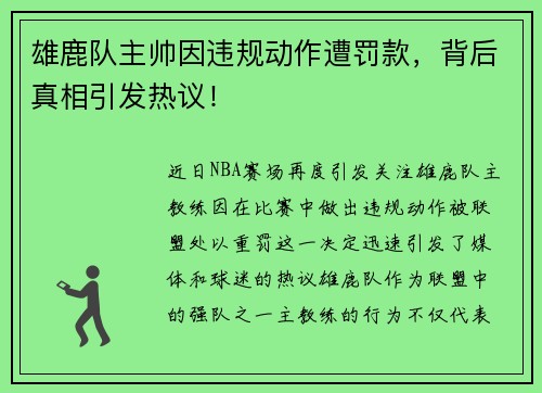 雄鹿队主帅因违规动作遭罚款，背后真相引发热议！