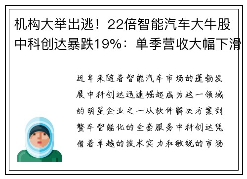 机构大举出逃！22倍智能汽车大牛股中科创达暴跌19%：单季营收大幅下滑引发市场恐慌