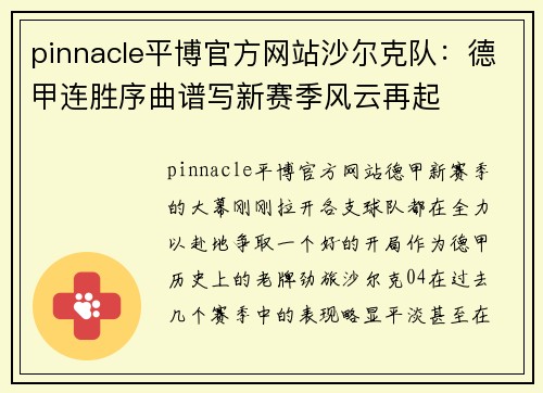 pinnacle平博官方网站沙尔克队：德甲连胜序曲谱写新赛季风云再起