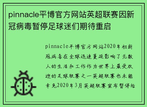 pinnacle平博官方网站英超联赛因新冠病毒暂停足球迷们期待重启