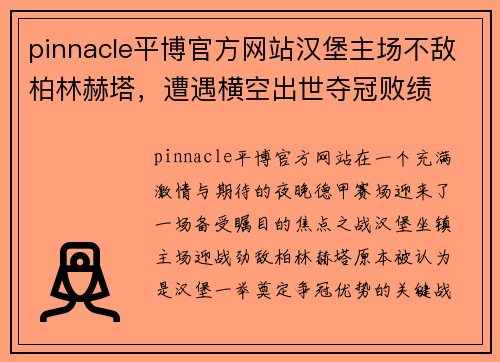 pinnacle平博官方网站汉堡主场不敌柏林赫塔，遭遇横空出世夺冠败绩