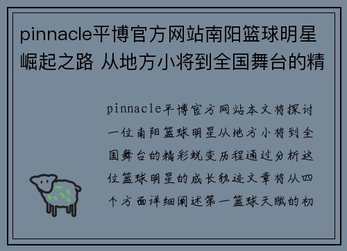 pinnacle平博官方网站南阳篮球明星崛起之路 从地方小将到全国舞台的精彩蜕变 - 副本